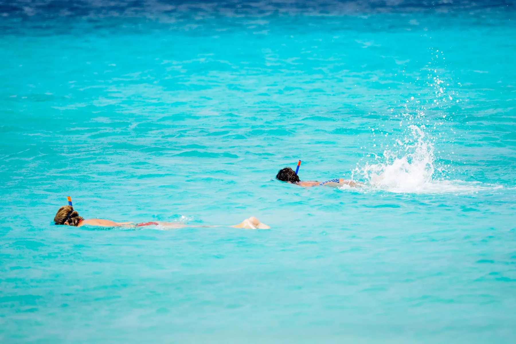 Twee snorkelaars die aan de oppervlakte in helderblauw water zwemmen
